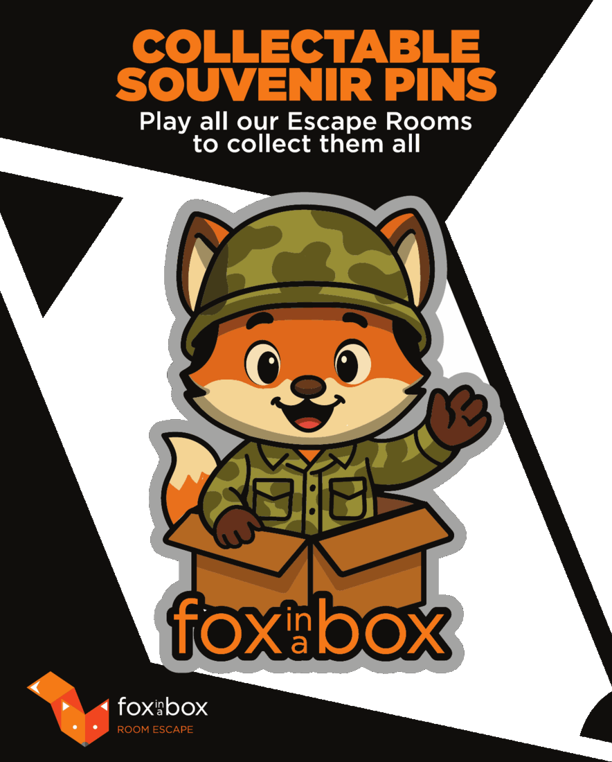 Retail backing card we designed for the Fox in a Box pin set: a black die-cut card reading Collectable Souvenir Pins with the pin mounted on it