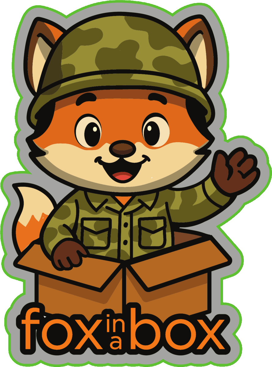 Custom soft-enamel collectible pin: a fox in a camo helmet popping out of a cardboard box, made for Fox in a Box